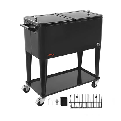 VEVOR 80 Quart Rolling Ice Chest, Holds up to 50 Bottles / 110 Cans, Portable Patio Party Bar Drink Cooler Cart with Bottom Shelf, Beverage Pool with Side Basket and Bottle Opener, Black