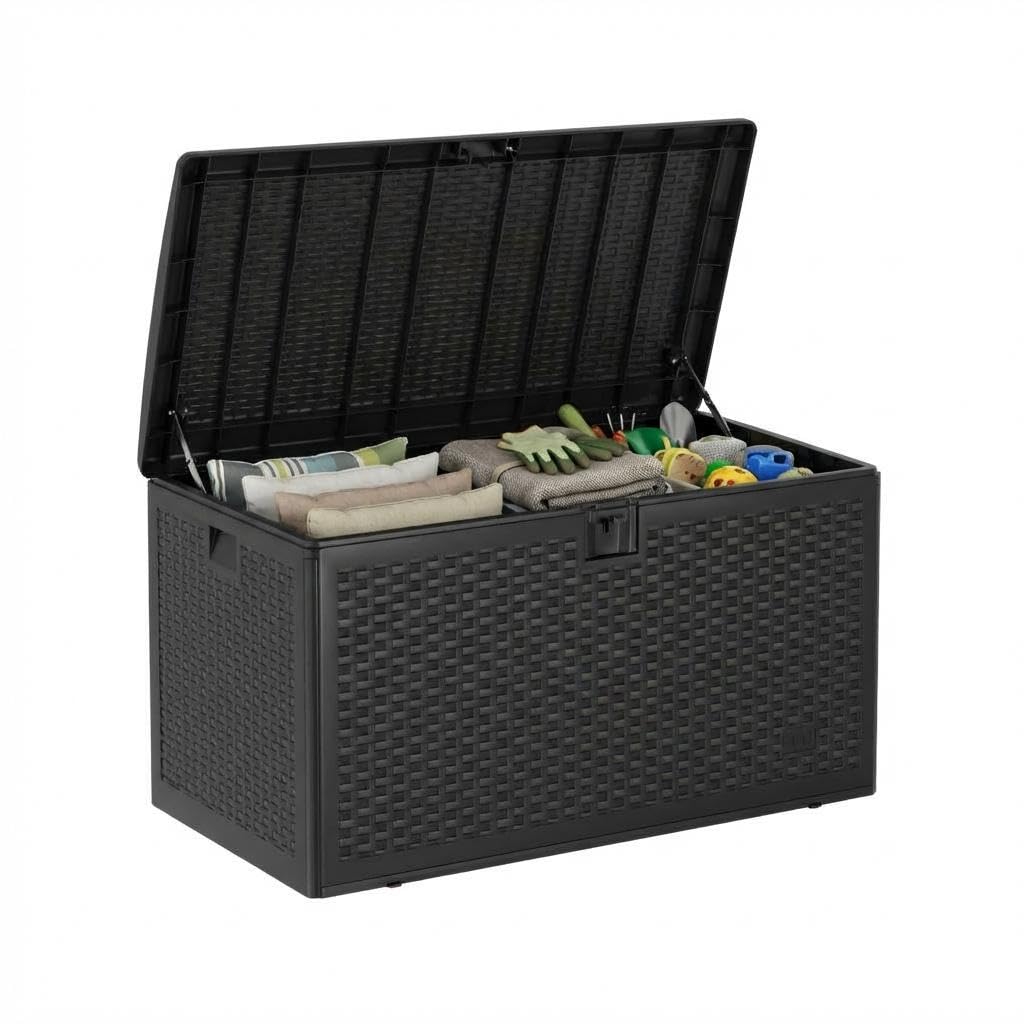 99 Gallon Waterproof Large Resin Deck Box Indoor Outdoor, Lockable Storage Container for Patio Furniture Cushions, Throw Pillows, Garden Tools, and Pool Floats Black 50" L x 26" W x 25" H