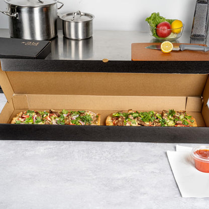 Restaurantware Eco Pie 24 x 12 x 2 Inch Flatbread Takeaway Boxes 50 Sturdy Corrugated Pizza Boxes - E-Flute Design Tab-lock System Black and Kraft Paper Pizza Boxes Disposable For Flatbreads