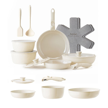 Redchef 16pcs+5pcs Ceramic Pots and Pans Set Non Stick, Nonstick Kitchen Cookware Set with Detachable Handle, Non Toxic, PFAS PFOA & PTFE Free, RV Ceramic Cookware Set for Camping, Dishwasher/Oven Saf