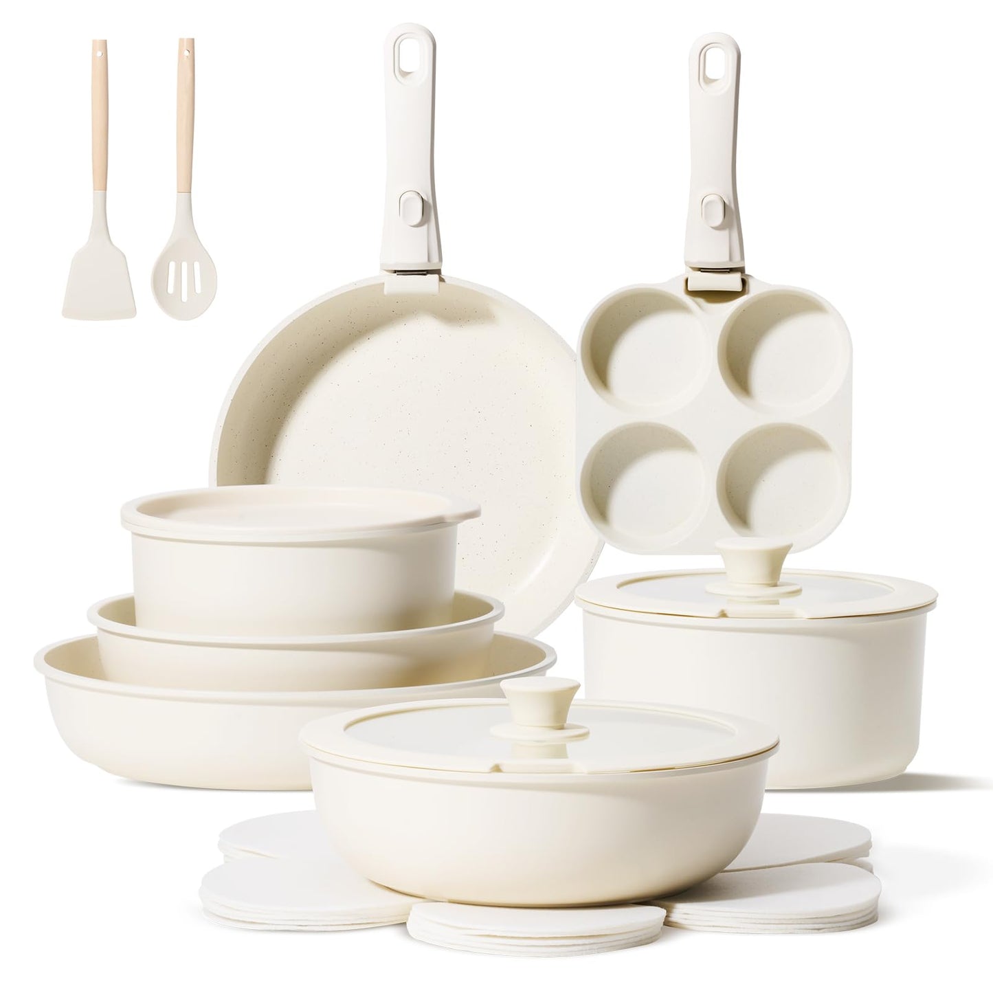 JEETEE Pots and Pans Set Non Stick 19pcs, Kitchen Cookware Sets with Detachable Handle, Induction Nonstick Cookware Set with Removable Handle, Stackable RV Cookware, Oven Safe, PFAS/PFOA Free, Beige