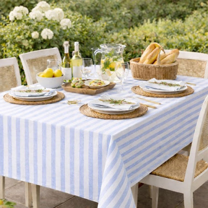 Lillian Made in Italy Airlaid Disposable Tablecloth, 12 Pack, 54" x 102", White with Blue Stripes, Premium Cloth-Like Linen-Feel Rectangular Table Cover for Weddings, Parties & Elegant Events