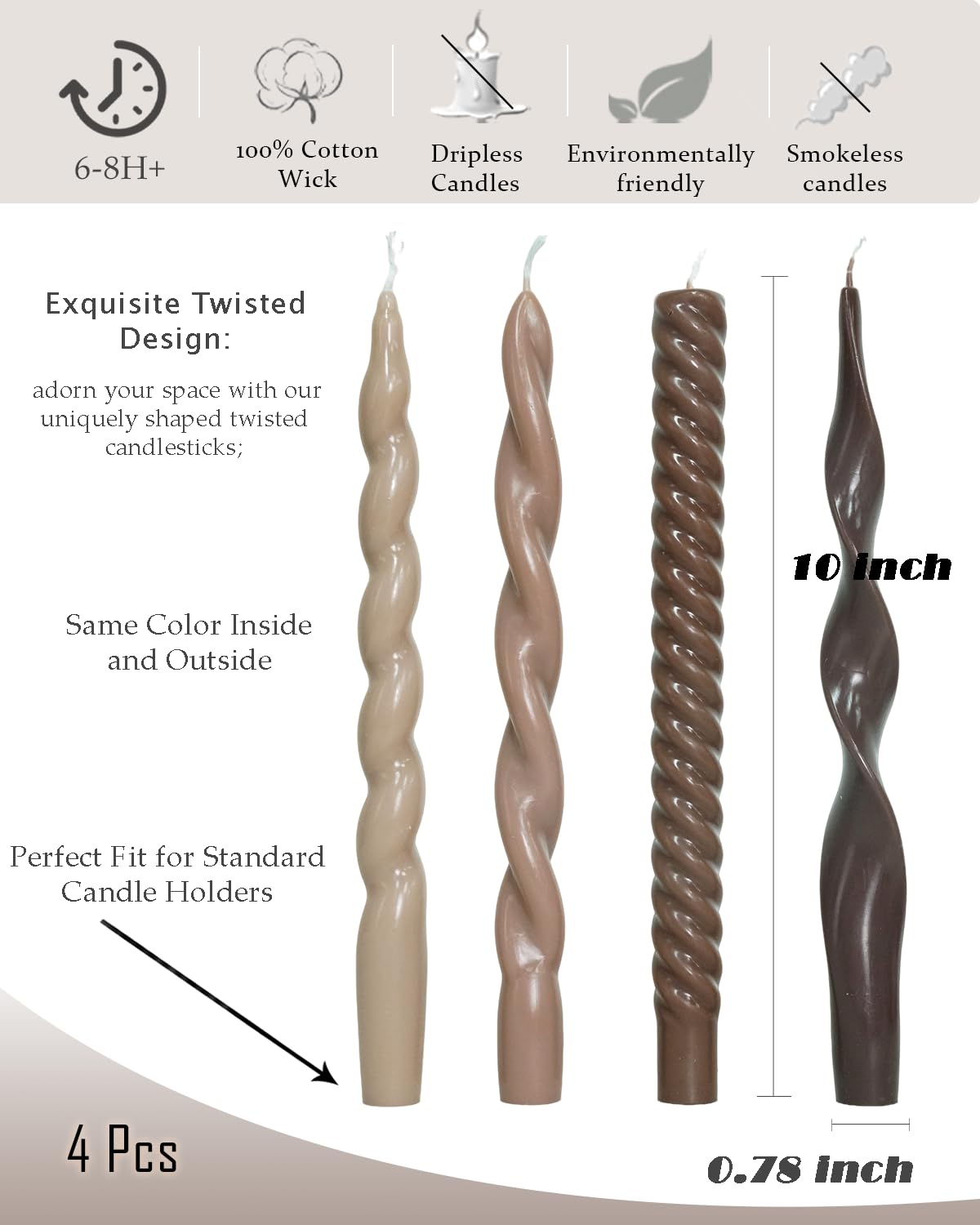 Spiral Taper Candles Brown Candlesticks Unscented Smokeless Tall Candles for Fall Decor Holiday Dinner Party Christmas Decorations-10inch,4pcs