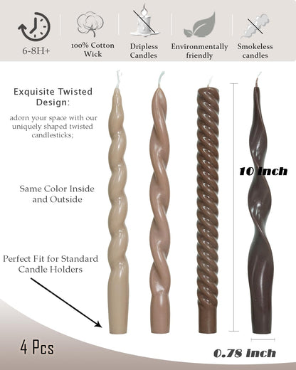 Spiral Taper Candles Brown Candlesticks Unscented Smokeless Tall Candles for Fall Decor Holiday Dinner Party Christmas Decorations-10inch,4pcs