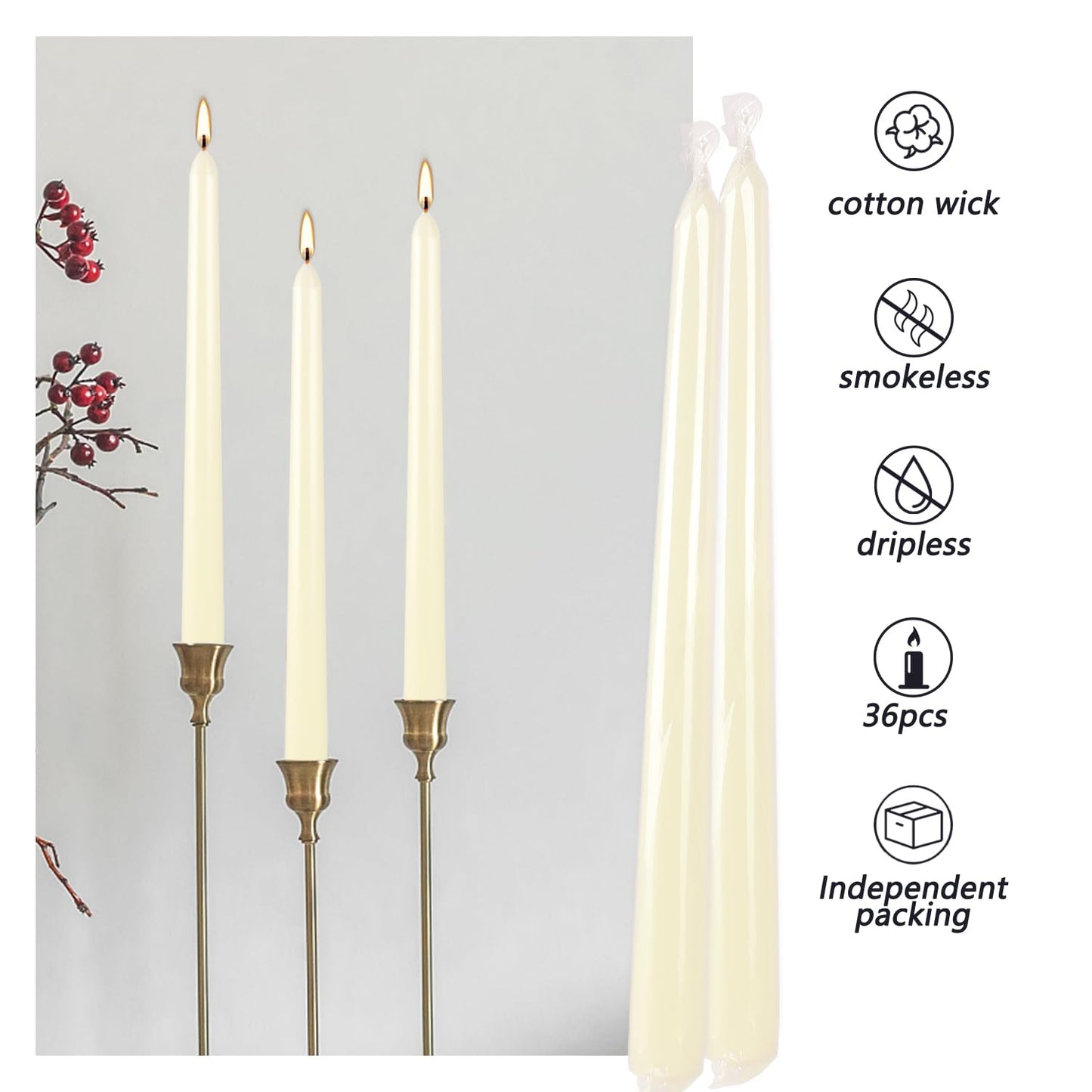 YOROXRG 36 Pack Ivory White Taper Candles, 7-8 Hours Burn Time, Unscented, Smokeless and Dripless, 0.8 x 10 Inch Dinner Candle Set for Household, Wedding, Party and Home Décor Candlesticks