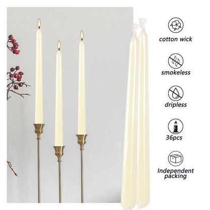 YOROXRG 36 Pack Ivory White Taper Candles, 7-8 Hours Burn Time, Unscented, Smokeless and Dripless, 0.8 x 10 Inch Dinner Candle Set for Household, Wedding, Party and Home Décor Candlesticks