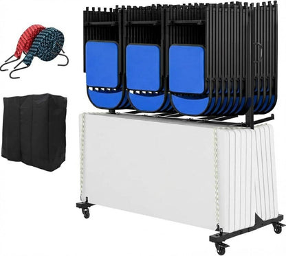 Folding Chair Cart Storage Rack on Wheels, Two-Tier 800Lbs Capacity Heavy Duty Adjustable Rolling Rack for 84 Chairs or 24 Tables, with Locking Wheels,Rain Cover,Elastic Cords Wheels, Straps, Black