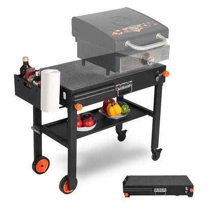 Portable Outdoor Grill Table, Folding Grill Cart with Wheels, Blackstone Griddle Stand for 17"/22" Griddle, Large Space Blackstone Table Solid and Sturdy, Grill Stand for Blackstones, Ninja, Weber