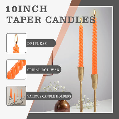12Pack 10 Inch Orange Spiral Taper Candles?Unscented and Long Burning Dripless Twisted Candlesticks for Home Fall Decor,Gift,Wedding, Birthday,Mother's Day