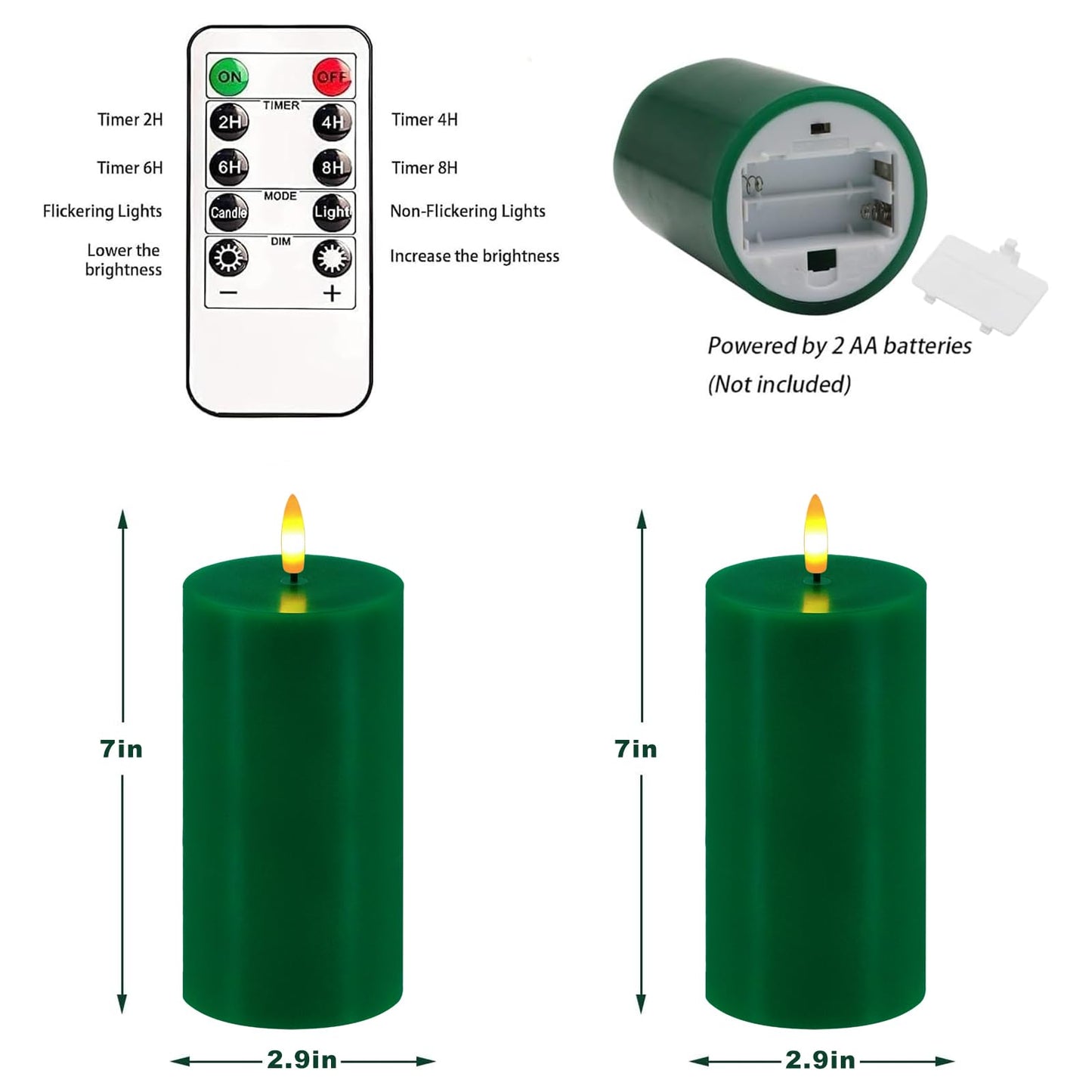 Green Flameless Candles, Set of 2 7"x3" Flickering LED Candles with Remote & Timer, Dimmable Electric Pillar Candles Battery Operated, Candles Light for Home St. Patrick's Christmas Decor (Green)