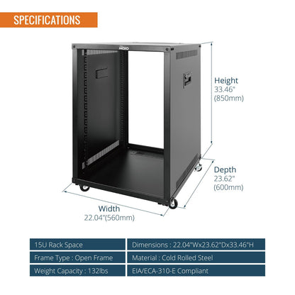 Tecmojo 15U Portable Rolling Network Rack, 4-Post Mobile Open Frame Server Rack with Wheels, Free Standing Server Cabinet for Computer/Data/AV/IT Equipment/Network Equipment