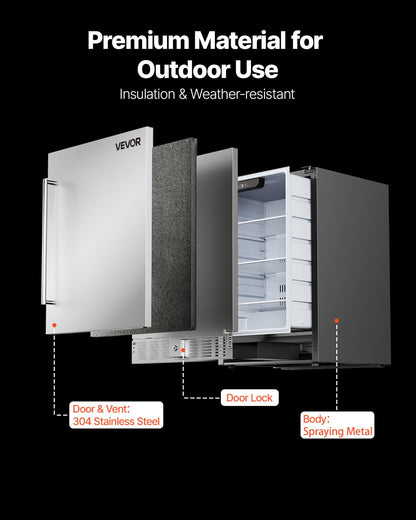 VEVOR 24-Inch Outdoor Beverage Refrigerator, 150 QT Built-in Drink Fridge, 0.56 kWh/Day Energy-Efficient Cooler with 304 Stainless Steel Door, Holds 180 Cans for Outdoor Kitchen, Home Bar, Patio