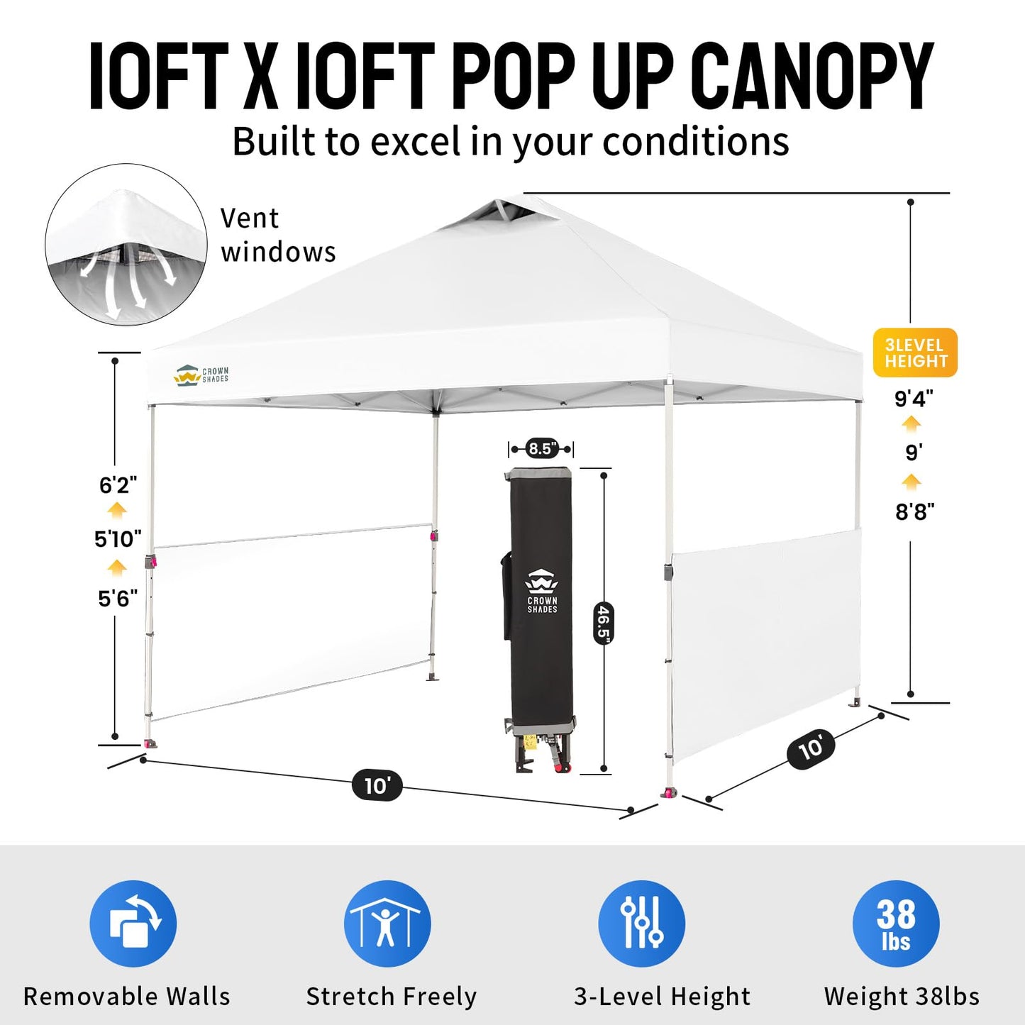CROWN SHADES 10x10 Pop up Canopy Tent Instant Canopy with 150D Silver Coated Fabric Including 2 Half Sidewalls, 4 Ropes, 8 Stakes, 4 Weight Bags, STO-N-GO Bag, Grid White