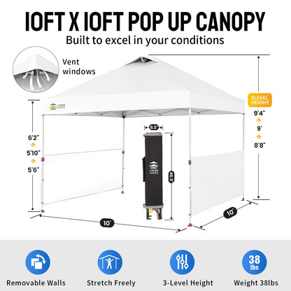 CROWN SHADES 10x10 Pop up Canopy Tent Instant Canopy with 150D Silver Coated Fabric Including 2 Half Sidewalls, 4 Ropes, 8 Stakes, 4 Weight Bags, STO-N-GO Bag, Grid White
