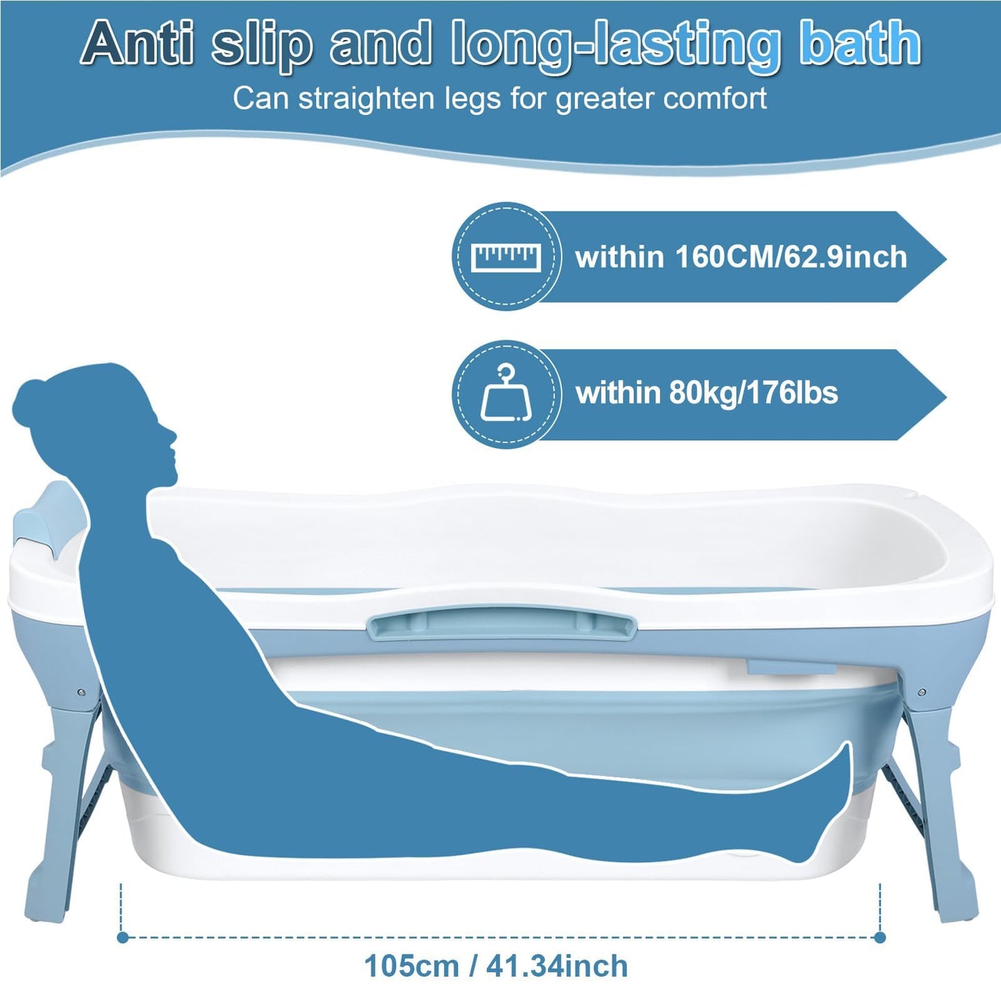 51" Large Foldable Portable Bathtub for Adults | Collapsible Bathtub with Dual Drains[Smooth Drain] | Folding Bath Tub for Shower Stall | Soaking Tub for Bathroom | Ice Hot Bath Tubs Blue