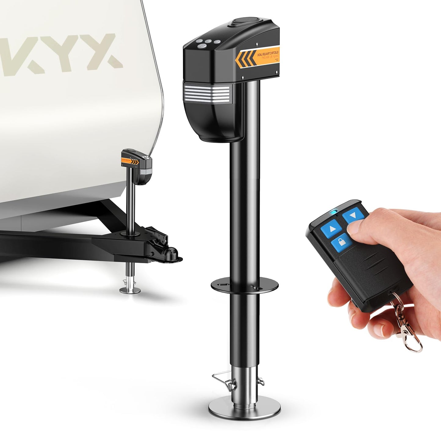 KYX Electric Jack 7500lb, with Remote, Heavy Duty RV Electric Tongue Jack, 9.84"-33.85" Lift, Manual Crank Handle & Jack Cover for RVs & Travel Trailers, Black