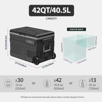 zcamp UD45E 12 Volt Refrigerator,Dual Zone Portable Freezer with Wheels & Battery Compartment,42QT(40.5L) Electric Cooler,-4℉~68℉,12/24V DC 100-240V AC for Camping, Travel, Truck, RV (Batt.Not Incl)