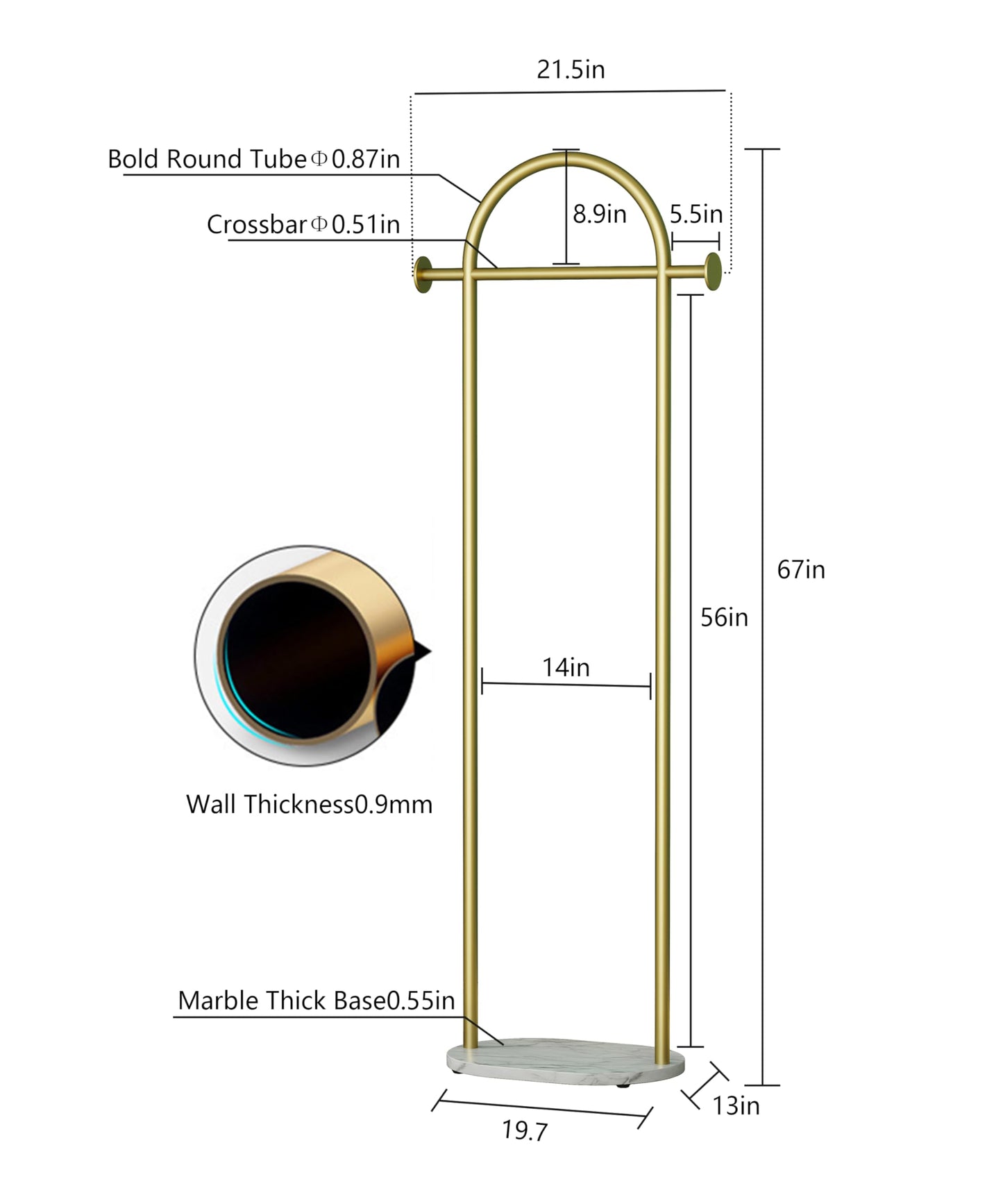 HKaikzo Gold Coat Rack, Modern Garment Rack with Marble Base, Heavy-duty Clothing Racks Freestanding, Can Hang Clothes, Hat, Scarf, Organize Shoes 19.7" W