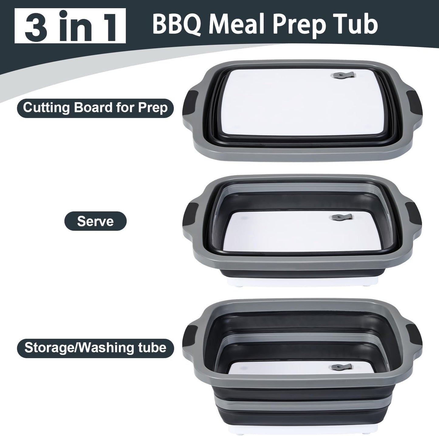 Verdvoca 1 Pcs 30L & 2 Pcs 16L Collapsible BBQ Prep Tubs with Lids for Fruit Prep & Washing, Meal Marinating and Food Storage