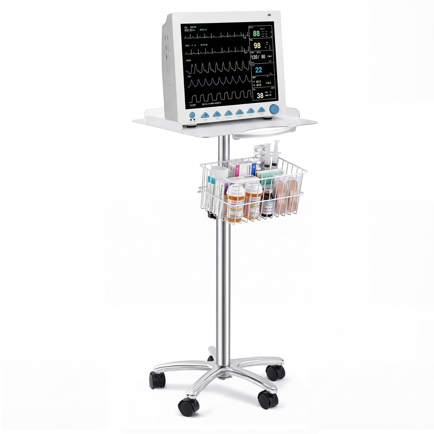 DaisyInner Adjustable Mobile Medical Cart with Wheels, Load up to 33 Lbs, Laptop Rolling Cart with Storage Basket 16.5" x 16.7" Large Tabletop Medical Trolley Workstation for Hospital, Lab Use(Frame)