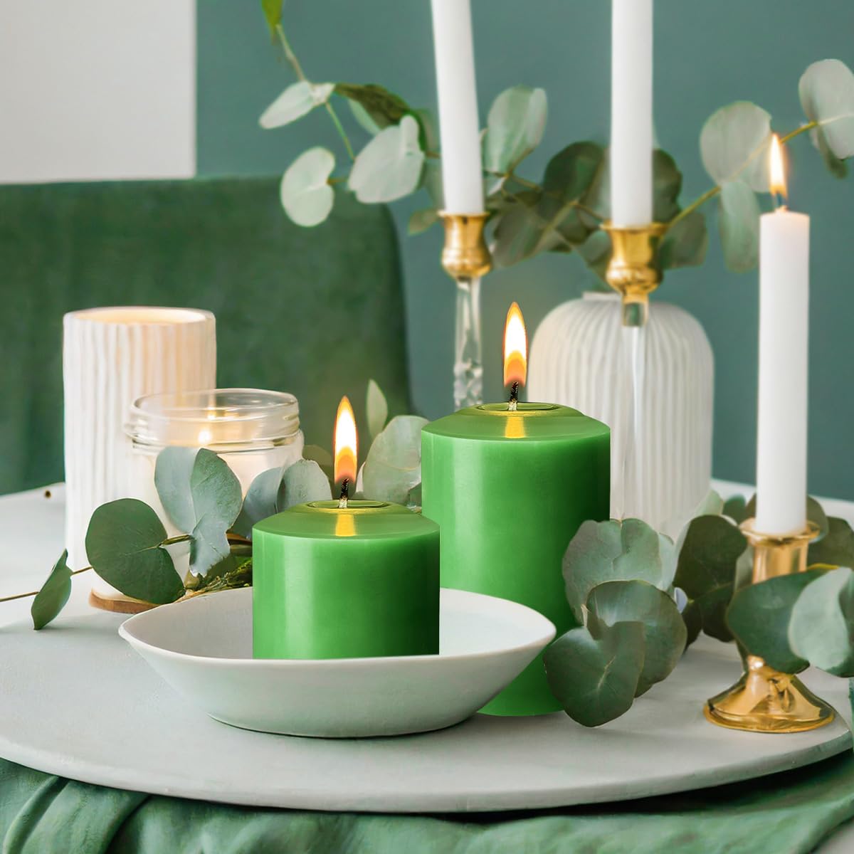 12 Pack 2x3 Hand Poured Dripless Pillar Candles, Green Soy Candles