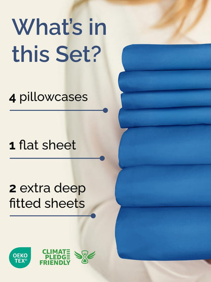 Skiennix Extra Deep Split King Sheet Set - 7 Piece Breathable Cooling Bedding - Soft Wrinkle-Free Royal Blue