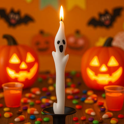 Halloween Ghost Candles Set, Cute Spooky White Taper Candles with Ghost Face for Halloween Decorations, Haunted House, Party Table Centerpiece, Gothic Home Decor, Trick or Treat Supplies (4PCS)