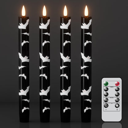 Wondise Black Halloween Flameless Taper Candles with Remote & Timer, Halloween Battery Operated Candles with Bats Decals Waxy 3D Wick Flickering for Halloween Decorations