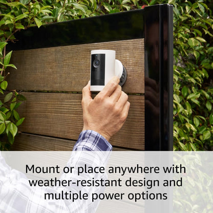 Introducing Ring Outdoor Cam Plus, Plug-In — Wide-Angle 2K Video with Ring Vision, Low-Light Sight for full-color night vision, Mount-anywhere versatility, White