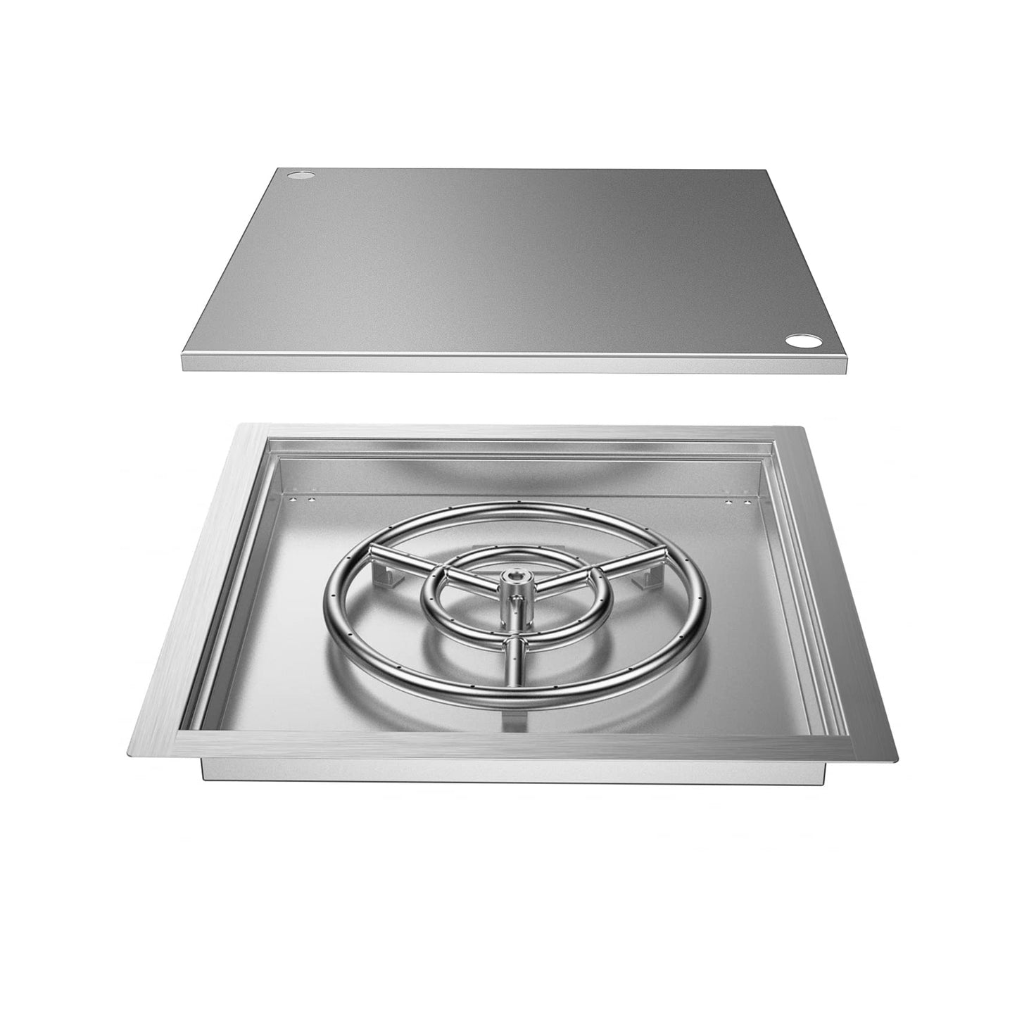 Skyflame 18 inch Square Stainless Steel Drop in Fire Pit Burner Pan with Burner Ring and Protective Cover