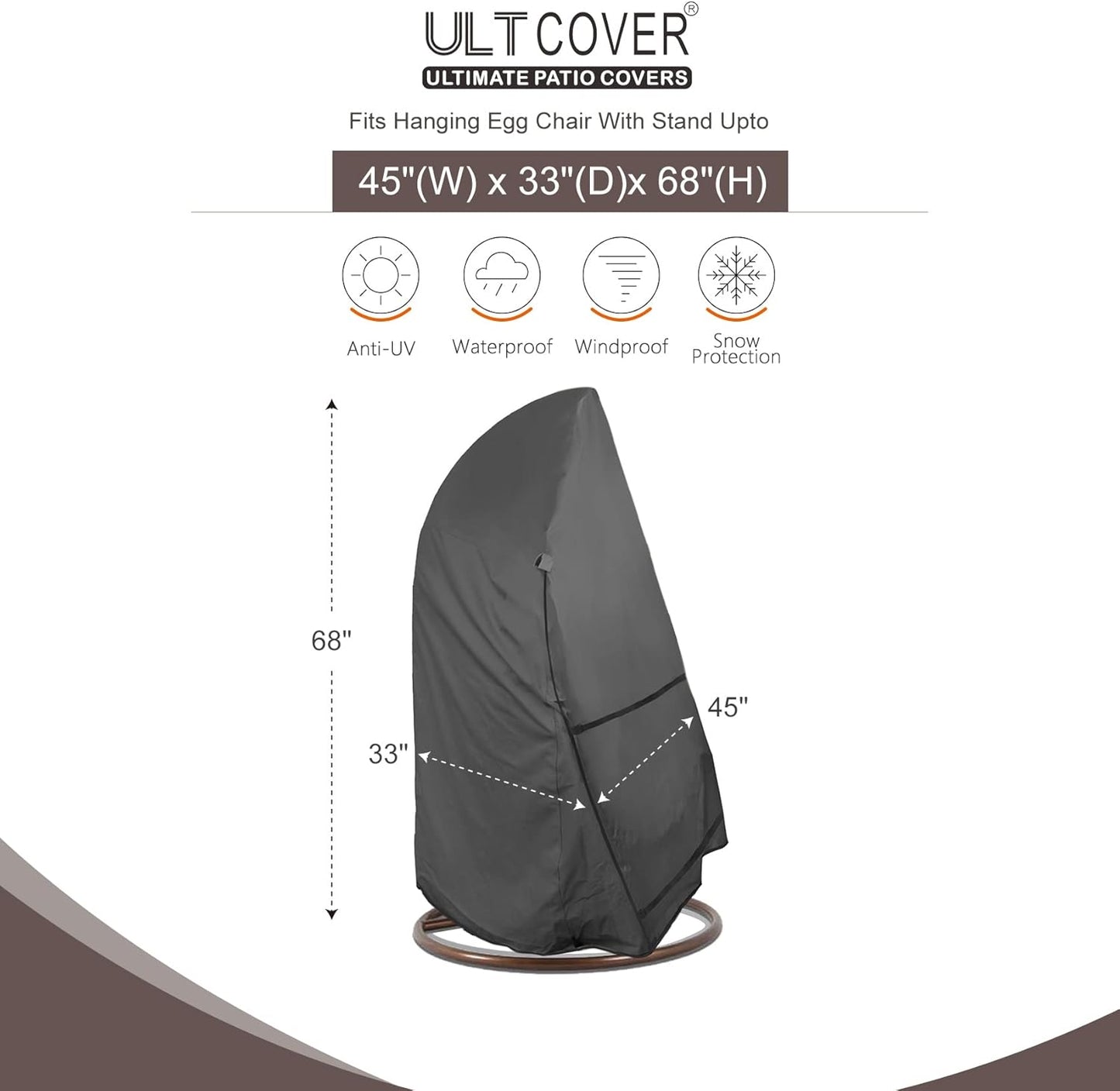 ULTCOVER Patio Egg Chair Cover - Waterproof Protection for Single Seat Swing | 45W x 33D x 68H Inches, Black