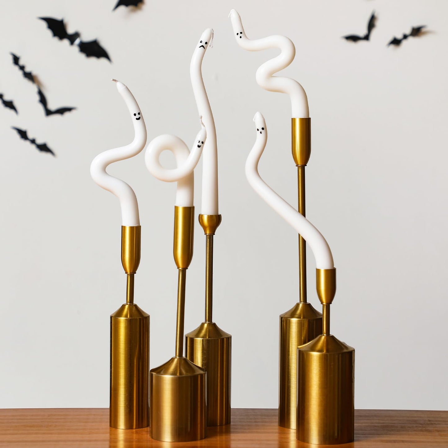 Nuanchu 5 Pack White Ghost Taper Candles Halloween Spiral Unscented Twisted Candlestick Halloween Decor Candle for Home Ghost Spooky Party Dinner Table Birthday Decorations
