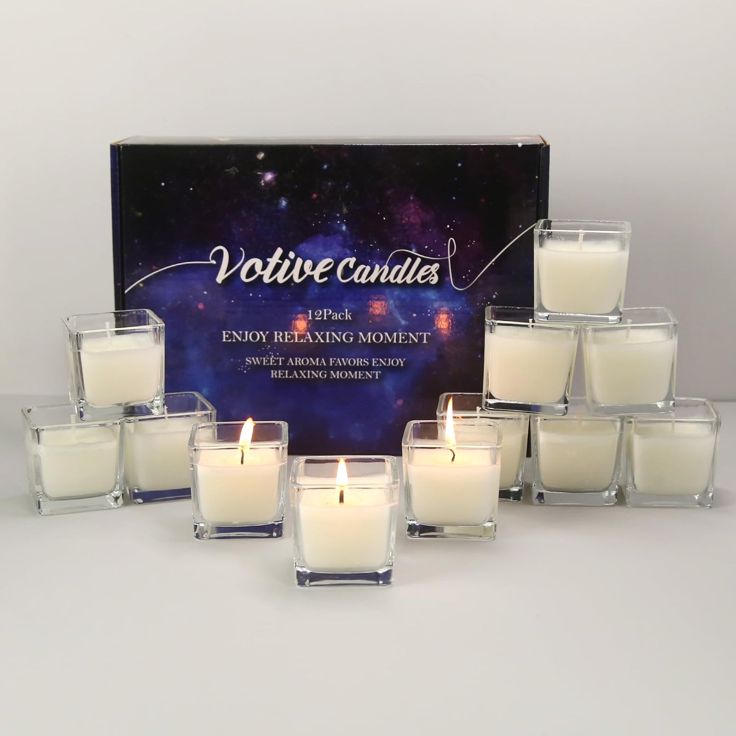 12 Pack White Small Square Glass Candles, Unscented Votive Candles, for Outdoor Dinner Party, Patio, Glamping Essentials, Outside
