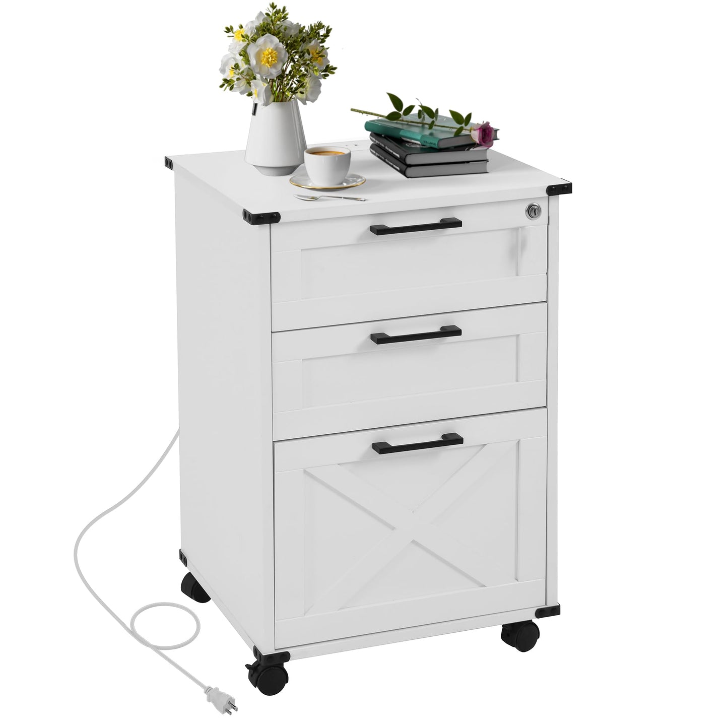 Onelike Small Wood File Cabinet with Lock, Nightstand with Charging Station, 3 Drawer Under Desk Lateral Filing Cabinets for Home Office, Printer Stand with Storage, White