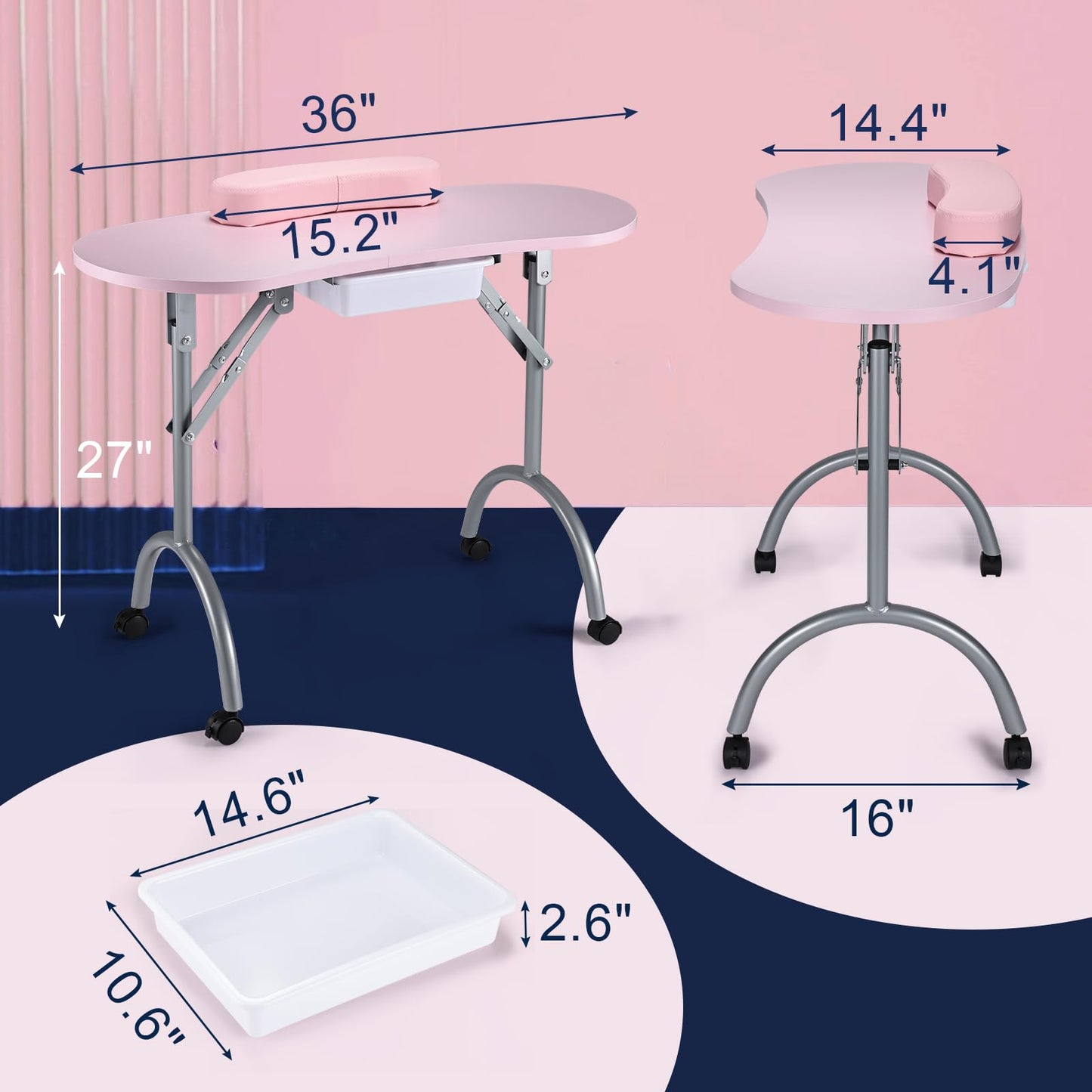 Joligrace Professional Foldable & Portable Manicure Table Nail Technician Desk Workstation 4 Lockable Wheels with Drawer Client Wrist Pad Free Carrying Bag Travel Nail Tech Spa Beauty Table Pink