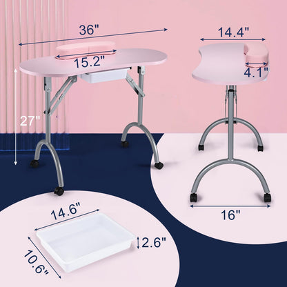 Joligrace Professional Foldable & Portable Manicure Table Nail Technician Desk Workstation 4 Lockable Wheels with Drawer Client Wrist Pad Free Carrying Bag Travel Nail Tech Spa Beauty Table Pink