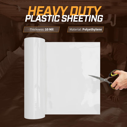Crawl Space Vapor Barrier, 10mil Film, 10'x100', White Plastic Sheeting - Thick Plastic Sheeting, Heavy Duty Polyethylene Film, Drop Cloth Vapor Barrier Covering for Crawl Space, Garden, Basement