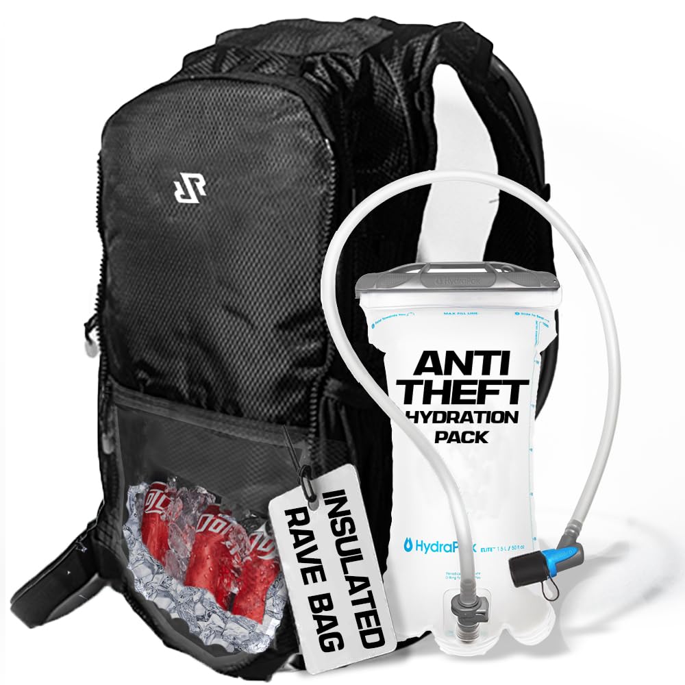 RAVERUNNER® Anti-Theft Hydration Backpack | Festival Approved Rave Backpack for Concert Goers, Leak-Free Festival Water Backpack for EDC, Rave Hydration Pack (Black)