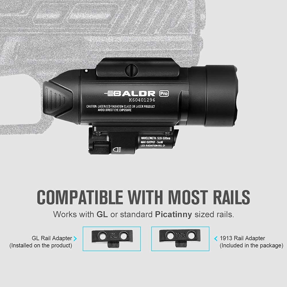 OLIGHT Baldr Pro 1350 Lumens Tactical Weaponlight with Green Beam, Bundled with I3T EOS 180 Lumens Dual-Output Slim EDC Flashlight for Camping and Hiking
