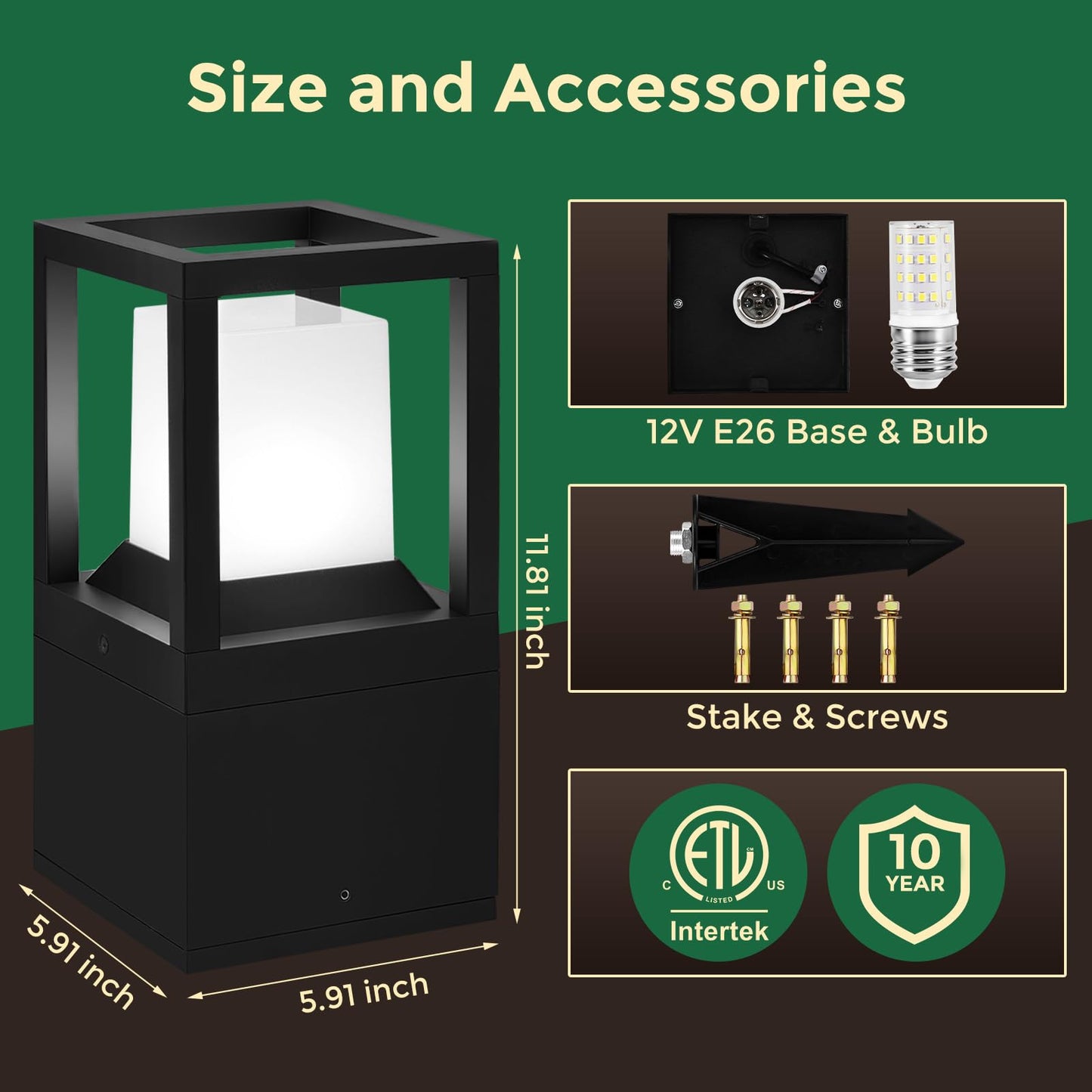 Gardencoin Landscape Bollard Lights Outdoor, Low Voltage 12V LED Pathway Lighting, Modern Post Lantern Wired, Aluminum Waterproof Floor Pillar Lighting with 5W 5000K E26 Bulb, 2 Pack