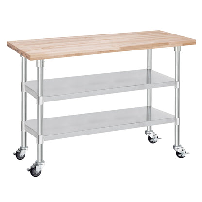 DuraSteel Butcher Block Counter Top - 24 x 60 x 34" Height with 4 Caster Wheels (2 Adjustable) - Kitchen, Side, Coffee, or Dining Table - Optional Base Leg Units, Natural Maple Slab Work Bench Top