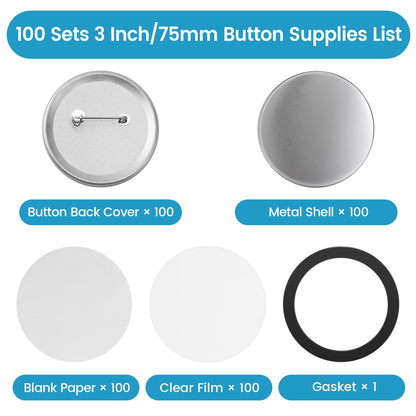 100 Sets Button Maker Supplies, 75mm/3 inch Button Supplies, with Metal Needle Back Cover, Metal Cover, Transparent Film and Blank Paper, Suitable for Button Making Machine and Pin Maker Press
