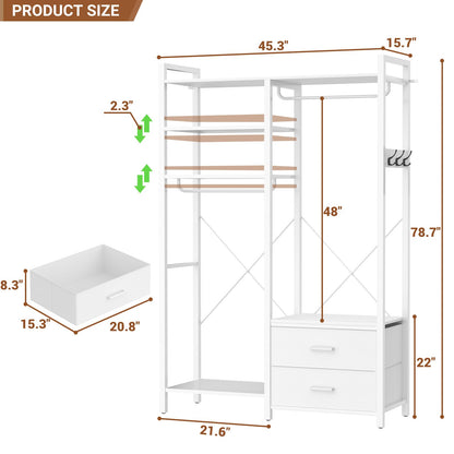 78.7'' Clothes Rack for Hanging Clothes - Reversible Clothing Rack with 2 Drawers, Heavy Duty Garment Racks with Shelves, 6 Tiers Freestanding Portable Closet Wardrobe System with Hanging Hooks, White
