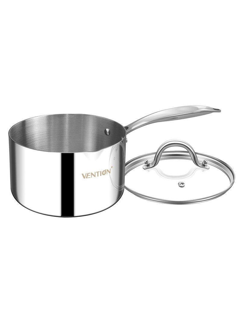 VENTION Tri-Ply Stainless Steel 1 Quart Saucepan with Lid, Bright Small Sauce Pan with Pour Spout, Small Pots for Cooking
