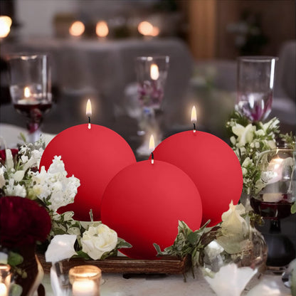 Ball Pillar Candles Set of 3 Red 3Inch Unscented Handpoured Weddings, Home Decoration, (75 Hour)
