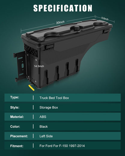 SCITOO Left Driver Side Truck Bed Tool Box for Ford F-150 97-14,Multi-Compartment Dividers Organized Storage,Heavy Duty & No-Drill Installation