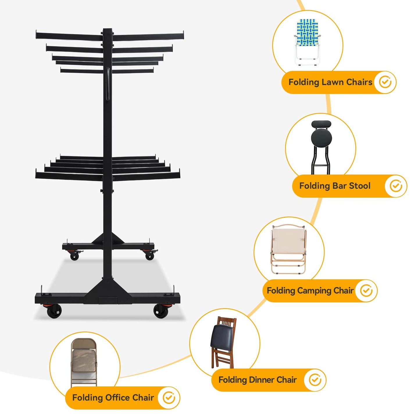 Folding Chair Cart, 2-Tier Heavy Duty Chair Storage Rack with Wheels, Holds 84 Chairs or 42 Chairs + 12 Tables, 1000 lbs Capacity, Locking Casters, Cover & Straps for Events, Church, School