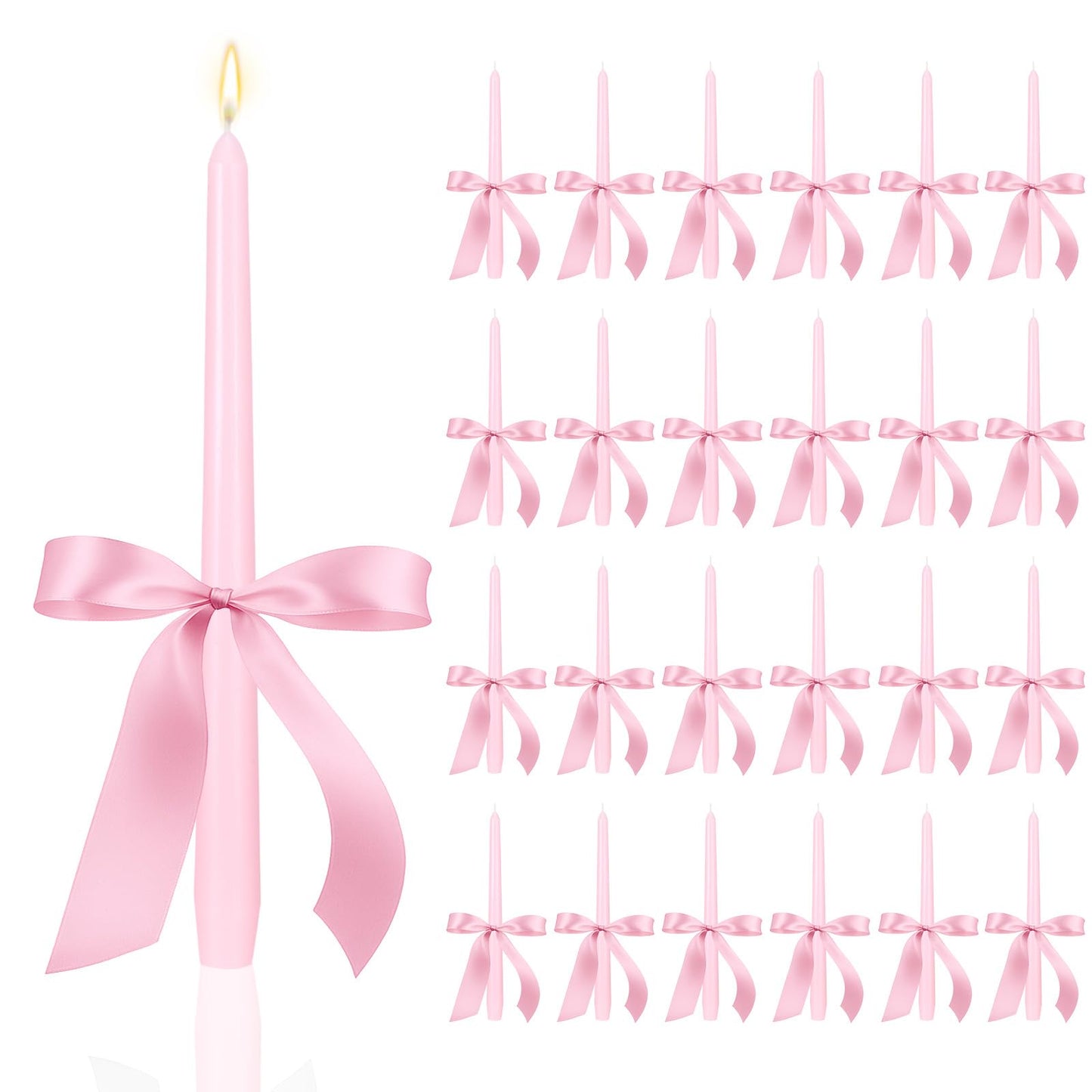 MTLEE 24 Pcs Taper Candles Bow Candle with 72 Ft Ribbons Bows Unscented and Smokeless 0.87 x 10 Inch Tall Candlesticks with Cotton Wick Long Burning for Wedding Dinner Coquette Holiday Party(Pink)