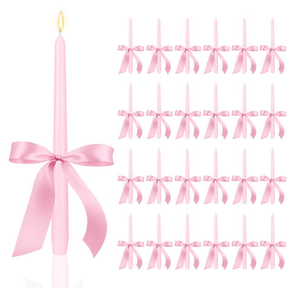 MTLEE 24 Pcs Taper Candles Bow Candle with 72 Ft Ribbons Bows Unscented and Smokeless 0.87 x 10 Inch Tall Candlesticks with Cotton Wick Long Burning for Wedding Dinner Coquette Holiday Party(Pink)