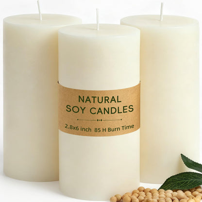 2.8x6 Inch Soy White Pillar Candles 255 Hours Long Burning Natural Unscented Non-Toxic White Soy Wax Candle Handmade Smokeless Soybean Pillar Candle for Wedding Table Home, 3 Pack